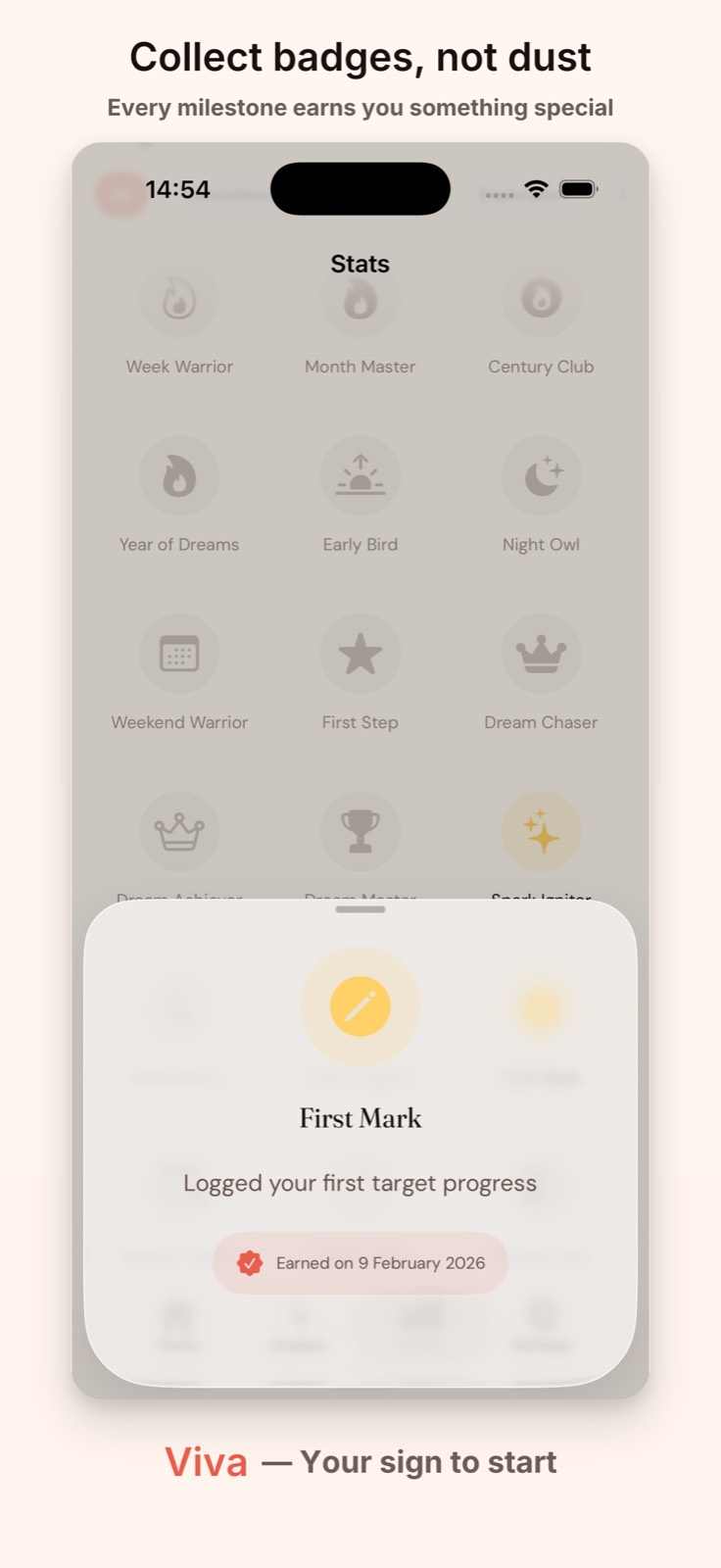 Badge and rewards screen showing earned progress milestones