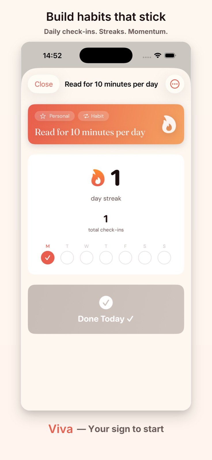 Habit detail screen with streak stats and completion history