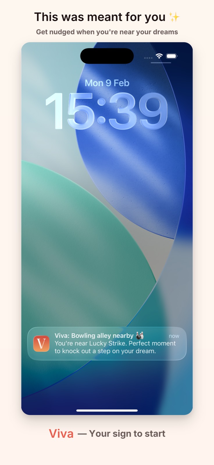 Location-aware nudge screen showing nearby bucket list opportunities